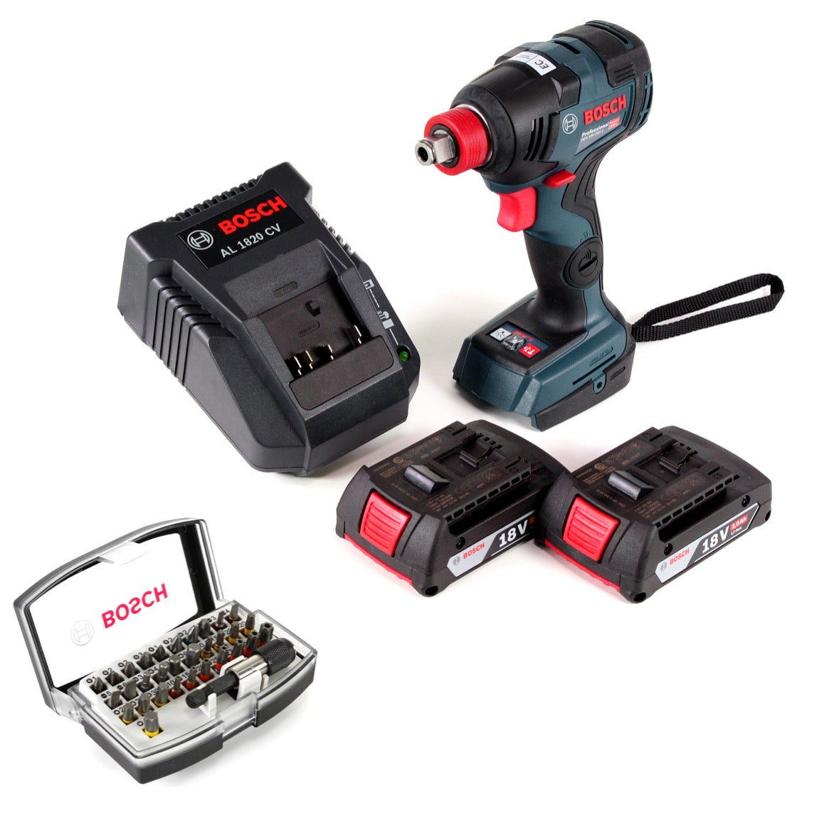 Bosch GDX 18 V-200 C Professional 18 V Li-Ion Akku Drehschlagschrauber + 2 x 2,0 Ah Akku + Lader + 32 tlg. Bit-Set - Toolbrothers