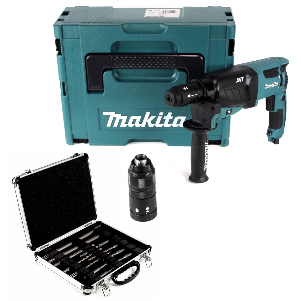 Makita HR 2631 FTJ  800 W Kombihammer mit SDS Plus Bohrfutter und Schnellspannbohrfutter im Makpac + Bosch Meißel und Bohrer Set 11 tlg. für SDS-Plus in Alukoffer - Toolbrothers