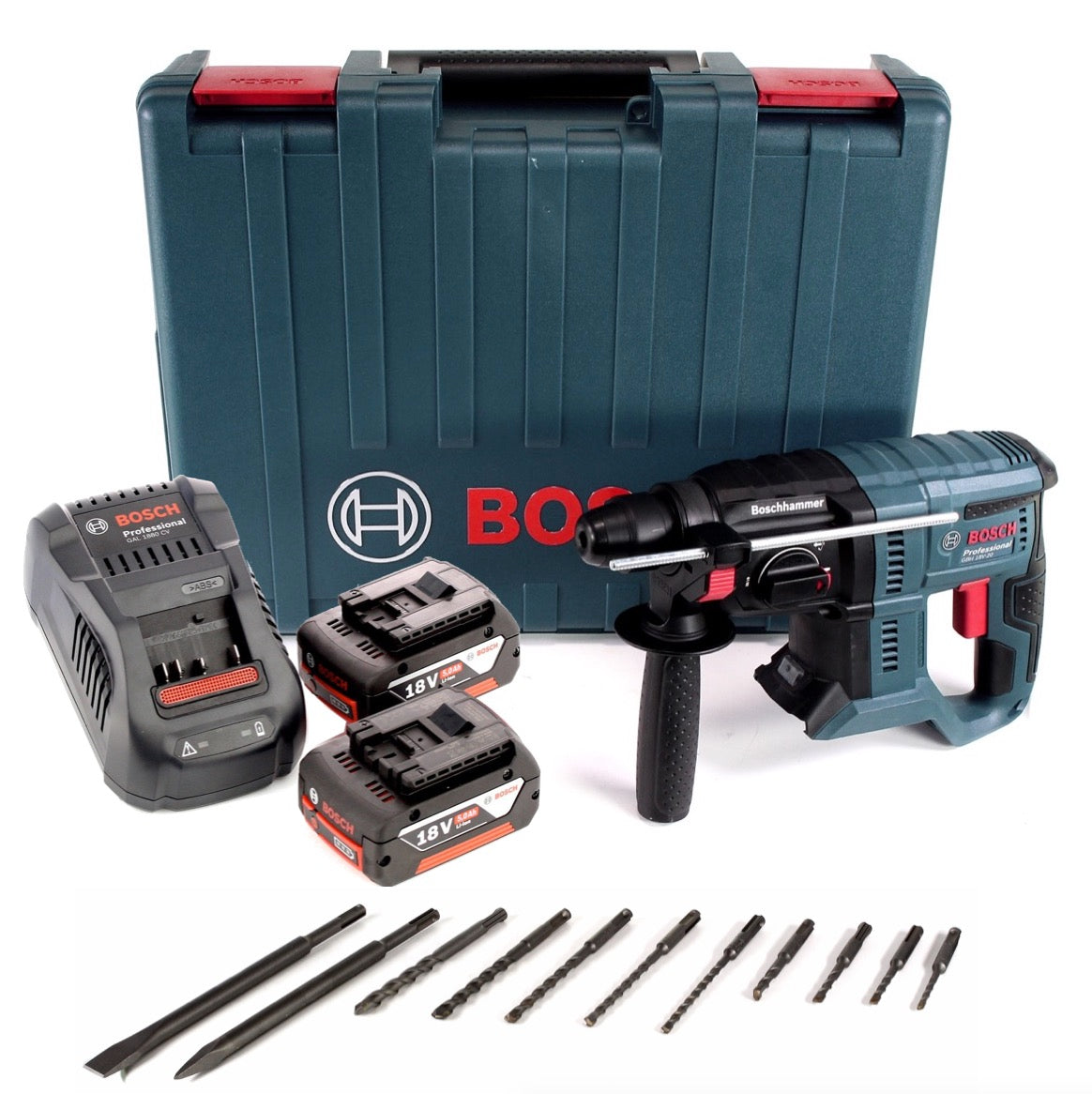 Bosch GBH 18V-20 18 V Li-Ion Akku Bohrhammer mit SDS-Plus im Koffer + 2 x 5,0 Ah Akku + Ladegerät + 11 tlg. Bohrer- und Meißelset - Toolbrothers