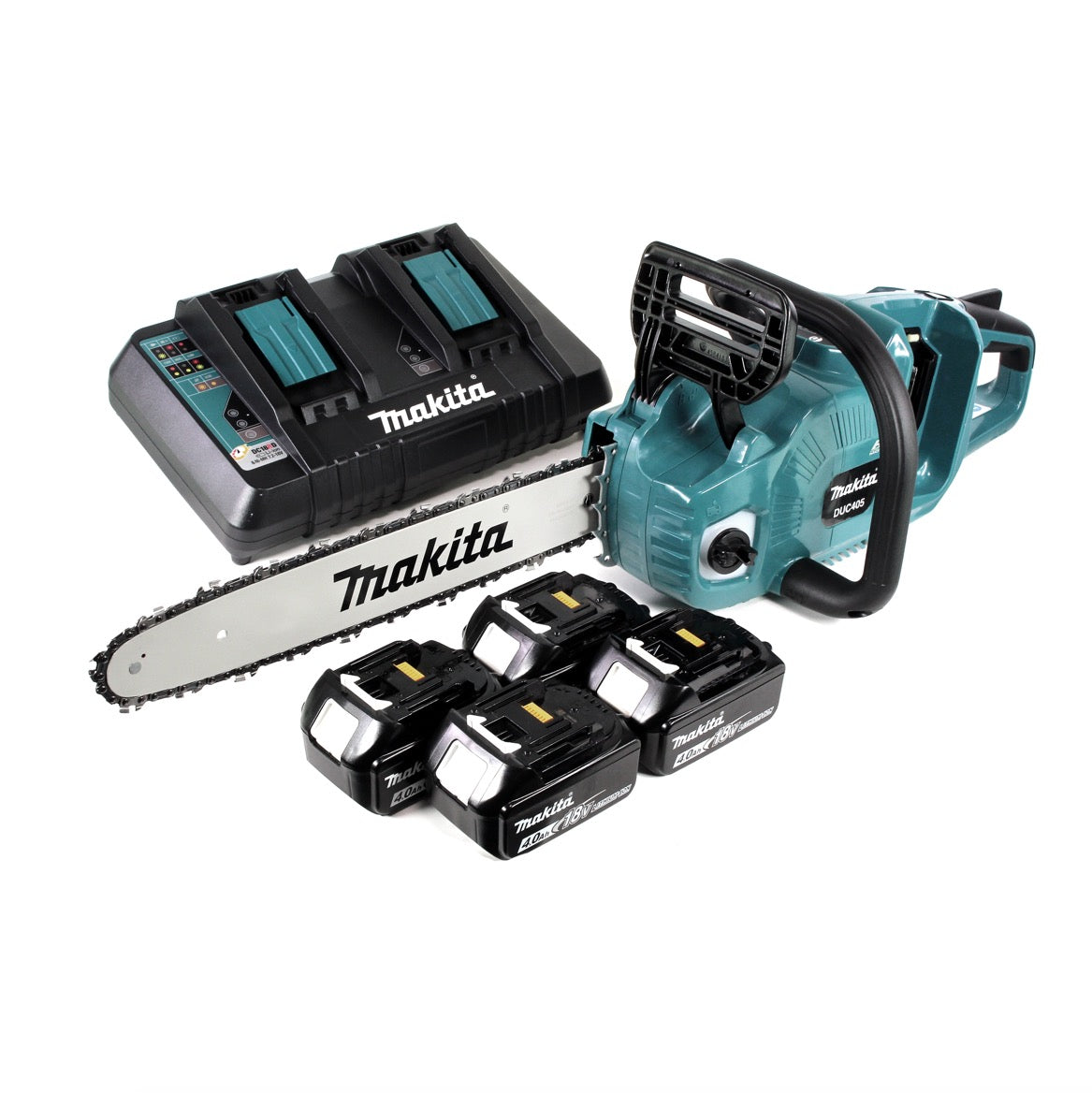 Makita DUC 405 PM4 Akku Kettensäge 36V ( 2x18V ) Brushless 40 cm + 4x 4,0 Ah Akku + Doppelladegerät - Toolbrothers