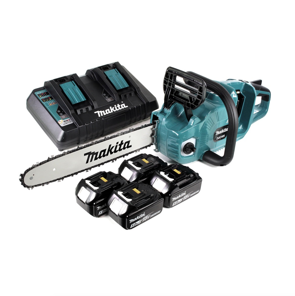 Makita DUC 405 PT4 Akku Kettensäge 36V ( 2x18V ) Brushless 40 cm + 4x 5,0 Ah Akku + Doppelladegerät - Toolbrothers