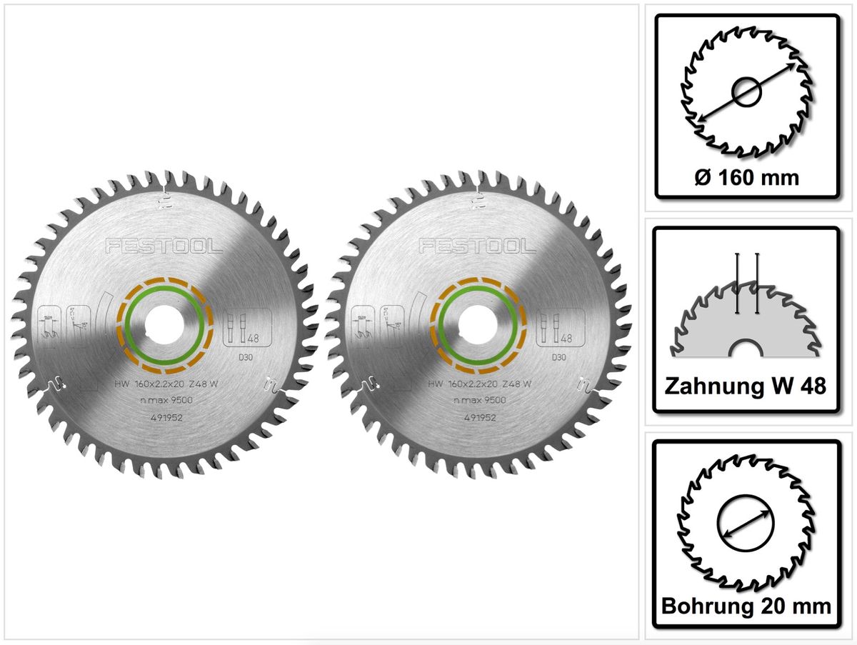 Festool Feinzahn Kreissägeblatt HW 160 x 20 x 2,2 mm W48 160 mm 48 Zähne ( 2 x 491952 ) - Toolbrothers
