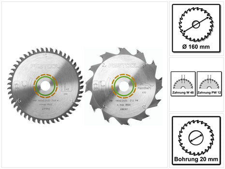 Festool Feinzahn Kreissägeblatt HW 160 x 20 x 2,2 mm W48 160 mm 48 Zähne ( 491952 ) + Festool Panther Kreissägeblatt HW 160 x 20 x 2,2 PW12 12 Zähne ( 496301 ) - Toolbrothers