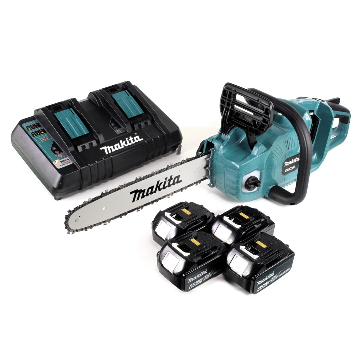 Makita DUC 353 PG4 Akku Kettensäge 36V ( 2x18V ) Brushless 35 cm + 4x 6,0 Ah Akku + Doppelladegerät - Toolbrothers