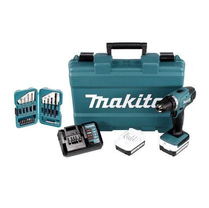 Makita DF 347 DWE 14.4V Li-ion Akku Bohrschrauber mit 2 x 1,5 Ah Akku und Ladegerät + Makita D-40216 Bit & Bohrer Set 17 tlg. im Kunststoffkoffer - Toolbrothers