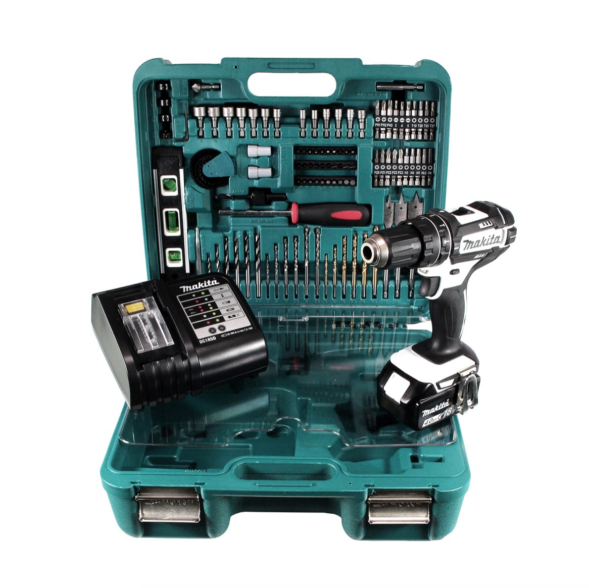 Makita DHP 482 STTK W Akku Schlagbohrschrauber 18 V 62Nm + 5,0 Ah Akku + Ladegerät + 101 tlg. Zubehör Set - Toolbrothers