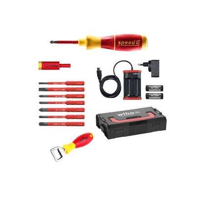 Wiha speedE® elektronischer Schraubendreher - Set 2 13-teilig mit 2x 1,5 Ah Akku mit Ladegerät, Bits , TorqueAdapter (41912) und Wiha Flaschenöffner (9872) - Toolbrothers