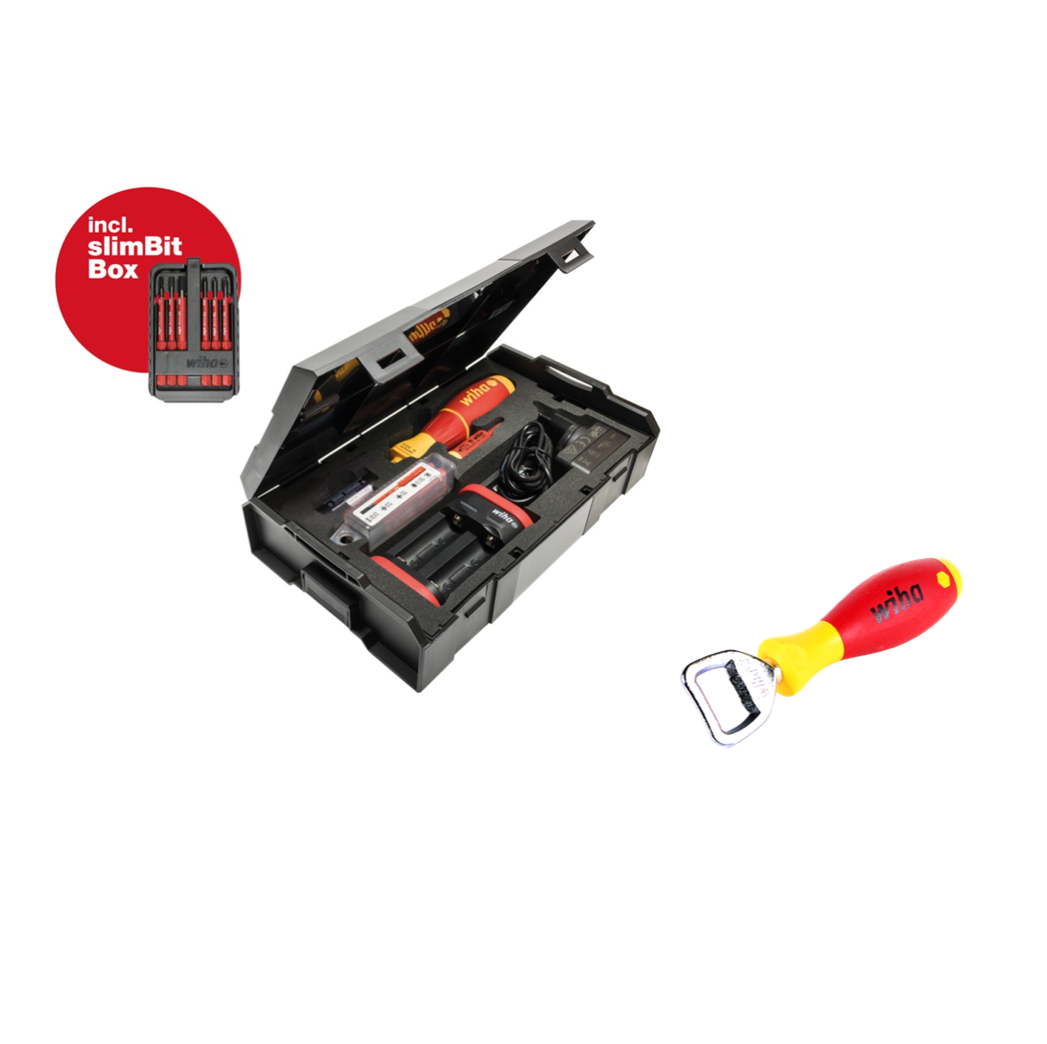 Wiha speedE® Set 2 elektrischer Schraubendreher - 80 Jahre Jubiläumsedition + 2x Akkus, Lader, SlimBit Box (590T102J) + Wiha Flaschenöffner (9872) - Toolbrothers