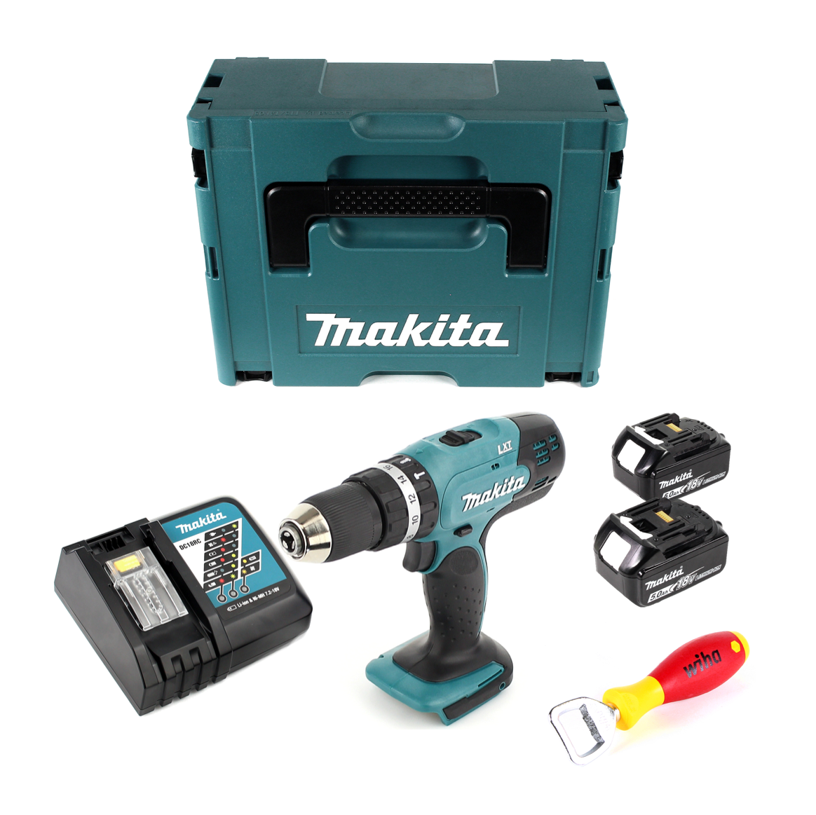 Makita DHP 453 RTJ Akku Schlagbohrschrauber 18 V 42Nm im MAKPAC + 2x 5 Ah Akku + Ladegerät + Wiha Flaschenöffner - Toolbrothers