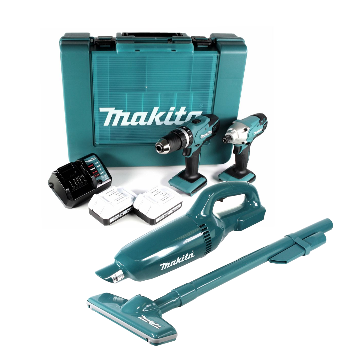 Makita DK18015 X1 Set mit HP457D Schlagbohrschrauber 18V und TDI127D Schlagschrauber 18V im Koffer + CL183 Akku Staubsauger + 2x 1,5 Ah Akku und Ladegerät - Toolbrothers