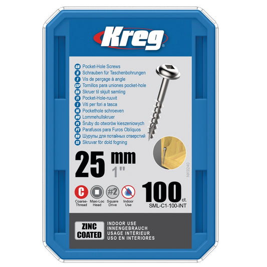 KREG Pocket-Hole Zylinderkopfschraube 25 mm 100 Stk ( SML-C1-100 ) Vierkantantrieb Teilgewinde Grobgewinde selbstschneidend verzinkt - Toolbrothers