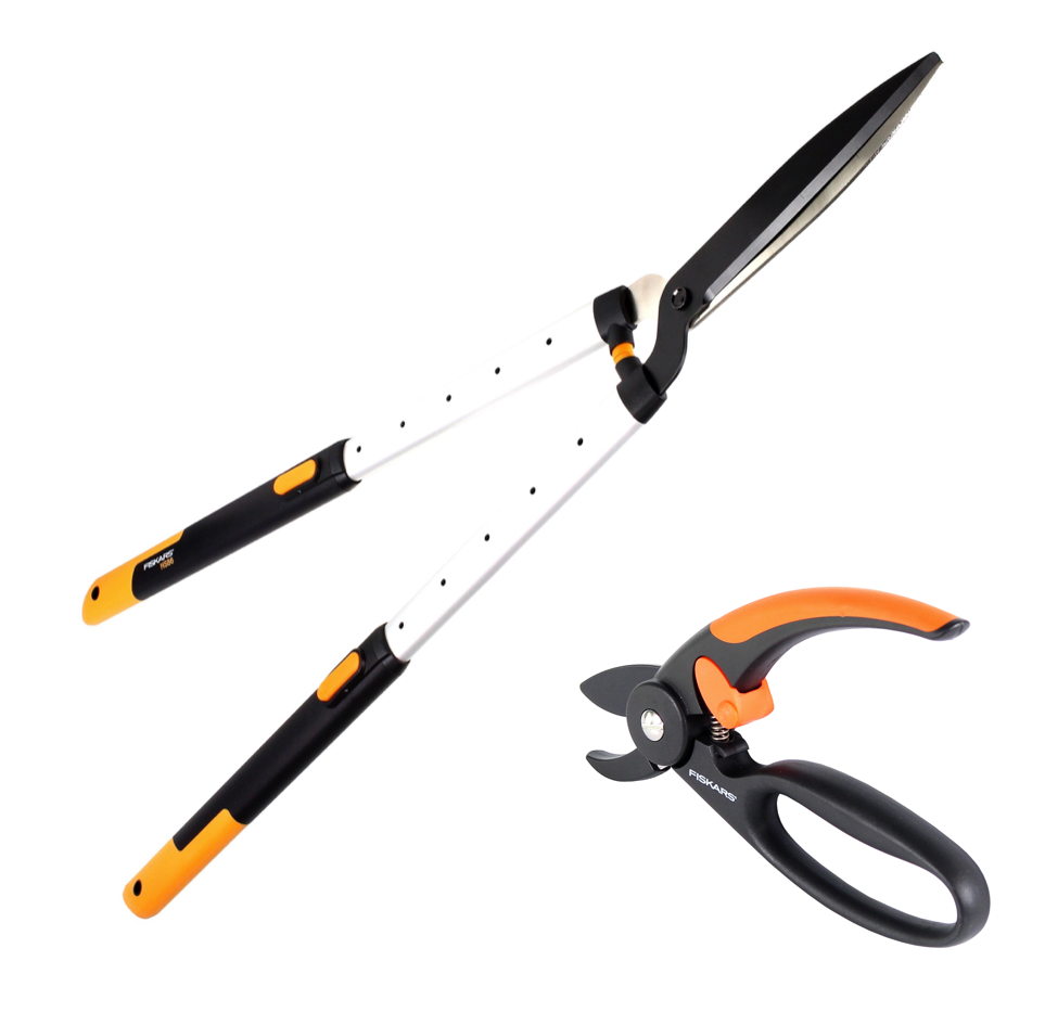 Fiskars Set 1x Teleskop Heckenschere HS86 68 cm auf 93 cm + 1x P43 Amboss Gartenschere Fingerloop - Toolbrothers