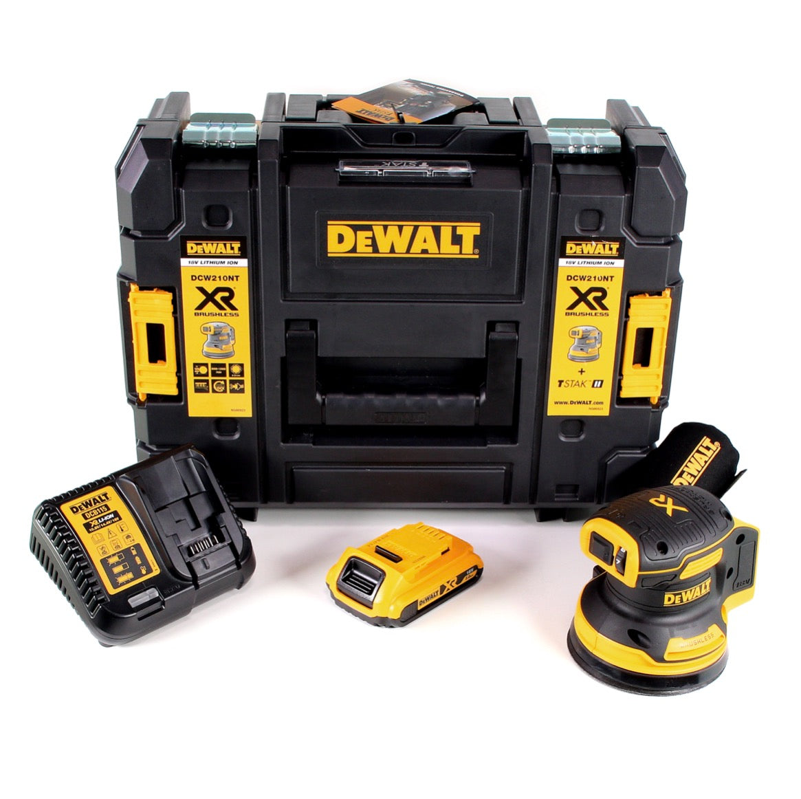 DeWalt DCW 210 D1 Akku Exzenterschleifer Brushless 18V 12.000U/min 125 mm + 1x Akku 2,0 Ah + 1x Schnellladegerät in TSTAK - Toolbrothers