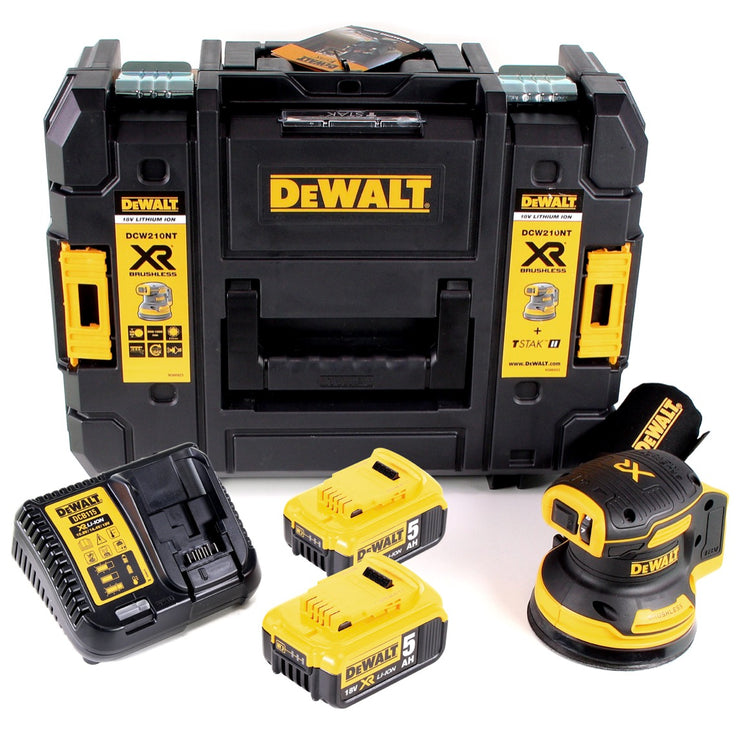 DeWalt DCW 210 P2 Akku Exzenterschleifer Brushless 18V 12.000U/min 125mm + 2x Akkus 5,0 Ah + 1x Schnellladegerät in TSTAK - Toolbrothers