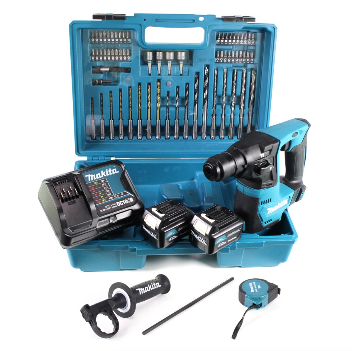 Makita HR 140 DSME1 Akku Bohrhammer 10.8 V SDS-Plus im Koffer + 64 tlg Zubehör Set + 2x 4,0 Ah Akku und Lader - Toolbrothers