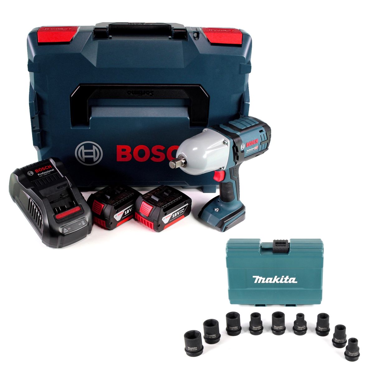 Bosch GDS 18V-LI HT Akku Drehschlagschrauber 18V 650 Nm ( 06019B1302 ) mit 2x 3,0 Ah Akku und Lader in L-Boxx + Steckschlüssel Nuss Set - Toolbrothers