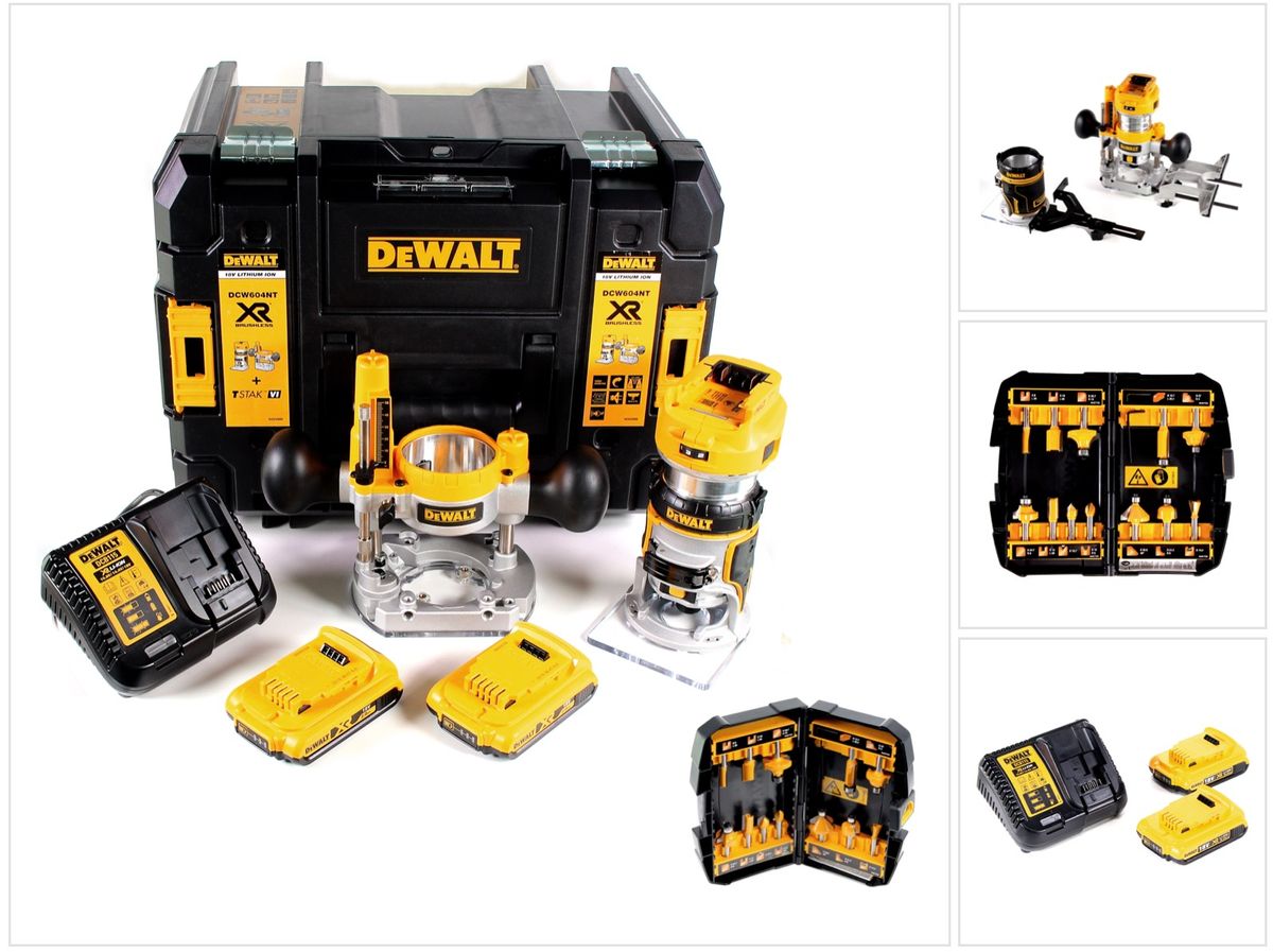 DeWalt DCW 604 D2 Akku Kombifräse 18V 55 mm + 2x Akkus 2,0 Ah + 1x Schnellladegerät + Fräser Set 12 tlg in TSTAK - Toolbrothers