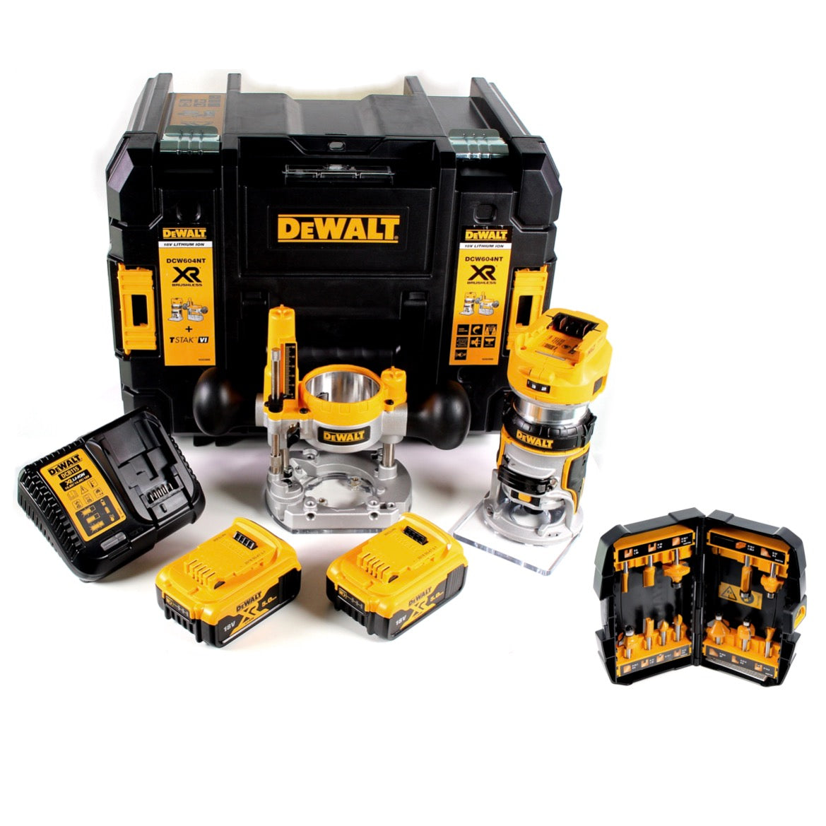 DeWalt DCW 604 P2 Akku Kombifräse 18V 55mm + 2x Akkus 5,0 Ah + 1x Schnelladegerät + Fräser Set 12 tlg in TSTAK - Toolbrothers