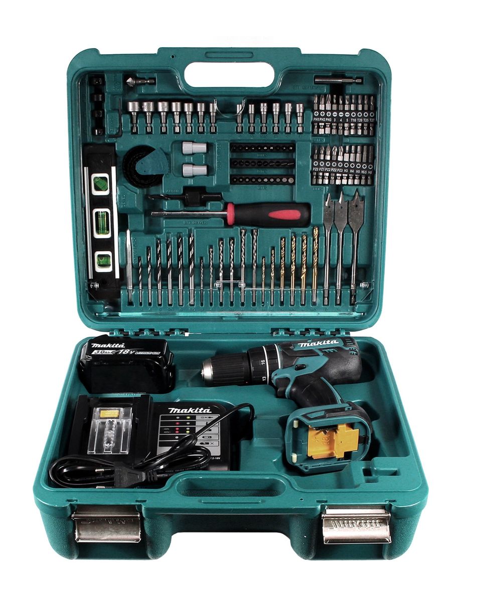 Makita DHP 480 SFTK Akku Schlagbohrschrauber 18 V 54Nm + 3,0 Ah Akku + Ladegerät + 101 tlg. Werkzeugset im Koffer - Toolbrothers