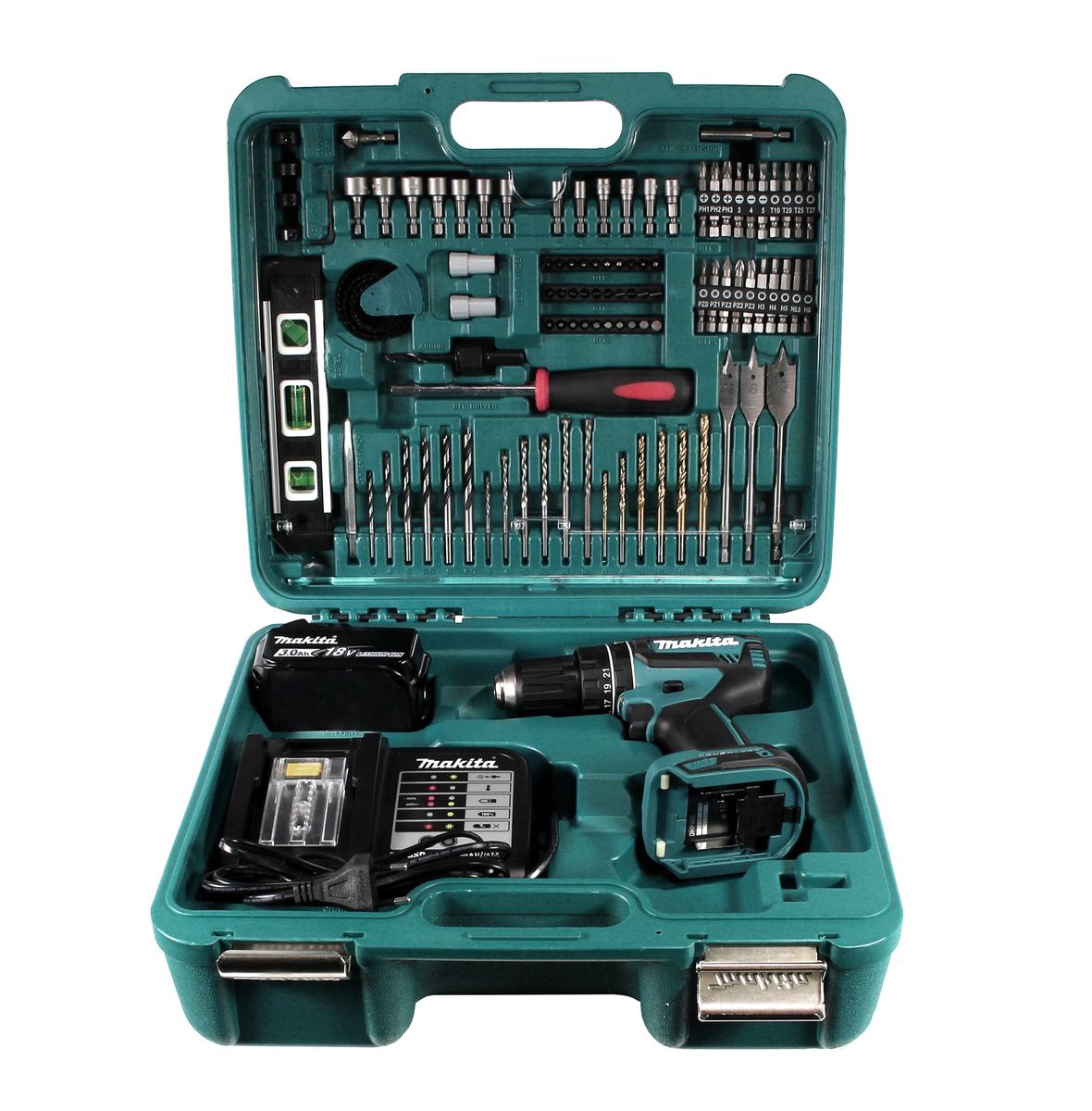 Makita DHP 485 SFTK Akku Schlagbohrschrauber 18 V 50Nm Brushless + 3,0 Ah Akku + Ladegerät + 101 tlg. Werkzeugset im Koffer - Toolbrothers