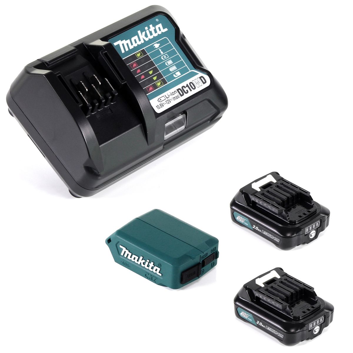 Makita DEAADP08 WA USB Adapter für 10,8V-12V Akkus + 2x 2,0 Ah Akku ( 197396-9 ) + Lader ( 197343-0 ) - Toolbrothers