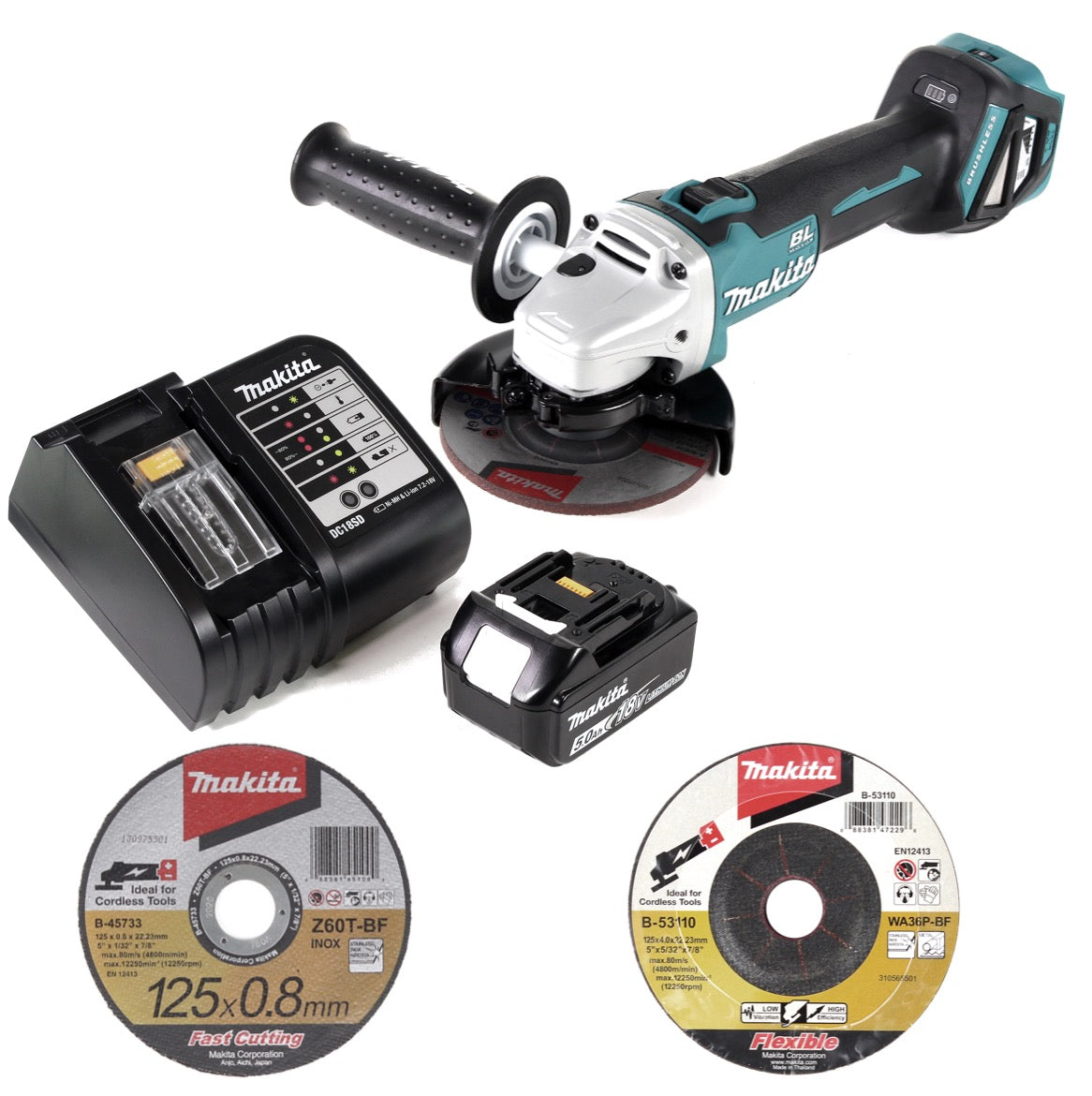 Makita DGA 511 ST1 Akku Winkelschleifer 18 V 125mm Brushless + 1x Akku 5,0Ah + Ladegerät + 26x Scheibe - Toolbrothers