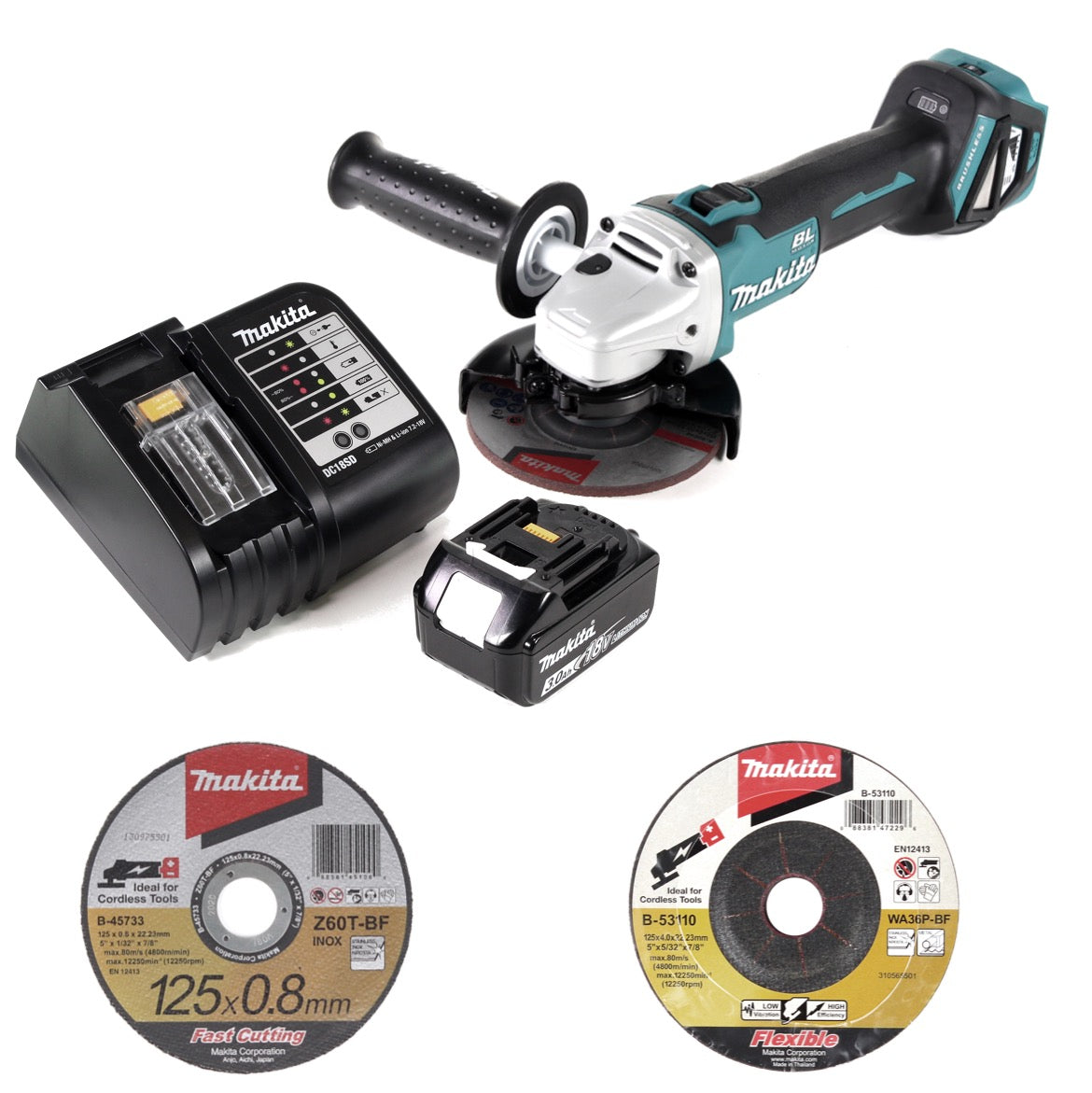 Makita DGA 511 SF1 Akku Winkelschleifer 18 V 125mm Brushless + 1x Akku 3,0Ah + Ladegerät + 26x Scheibe - Toolbrothers