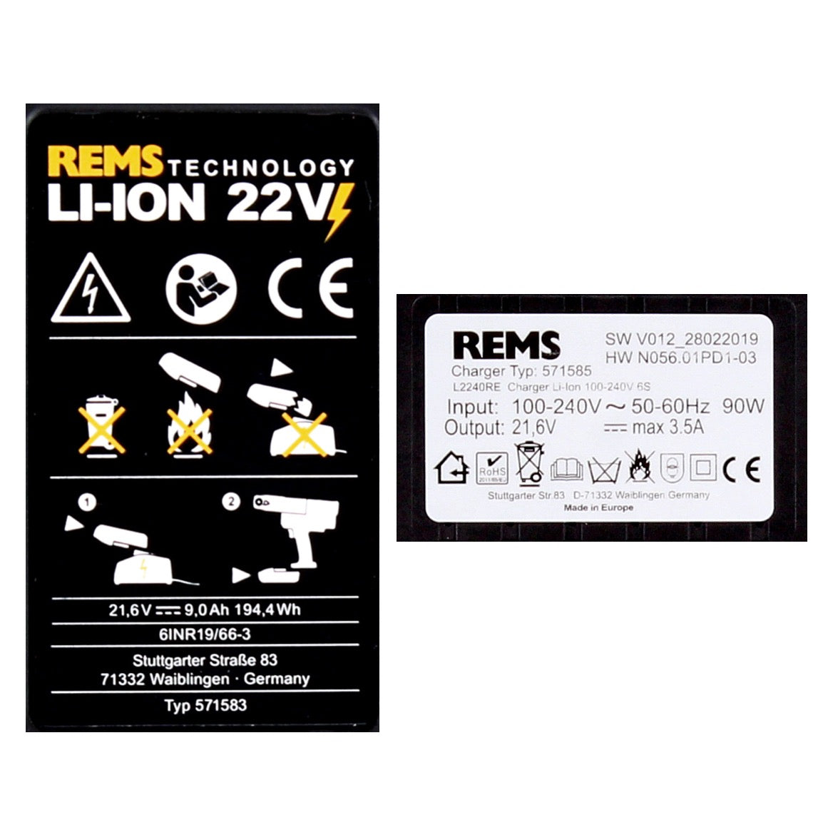 REMS Akku Set Power Pack 21,6V (22V max) mit 2x Akku 9,0Ah + Ladegerät 90W ( 571592 ) - Toolbrothers