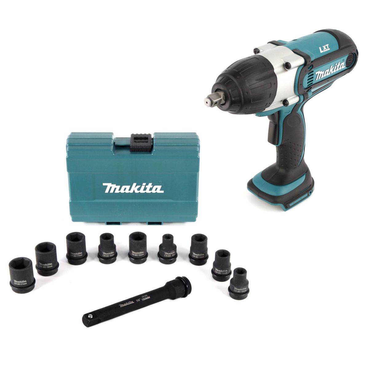 Makita DTW 450 Z 18V Akku Schlagschrauber 1/2" 440Nm Solo + Steckschlüssel Nuss Set 9 tlg. + Verlängerung für Schlagnüsse 150mm - Toolbrothers