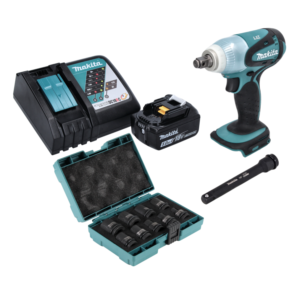 Makita DTW 251 RT1 Akku Schlagschrauber 18 V 230 Nm 1/2" + 1x Akku 5,0 Ah + Ladegerät + 9 tlg. Stecknuss Set + Verlängerung 150 mm - Toolbrothers