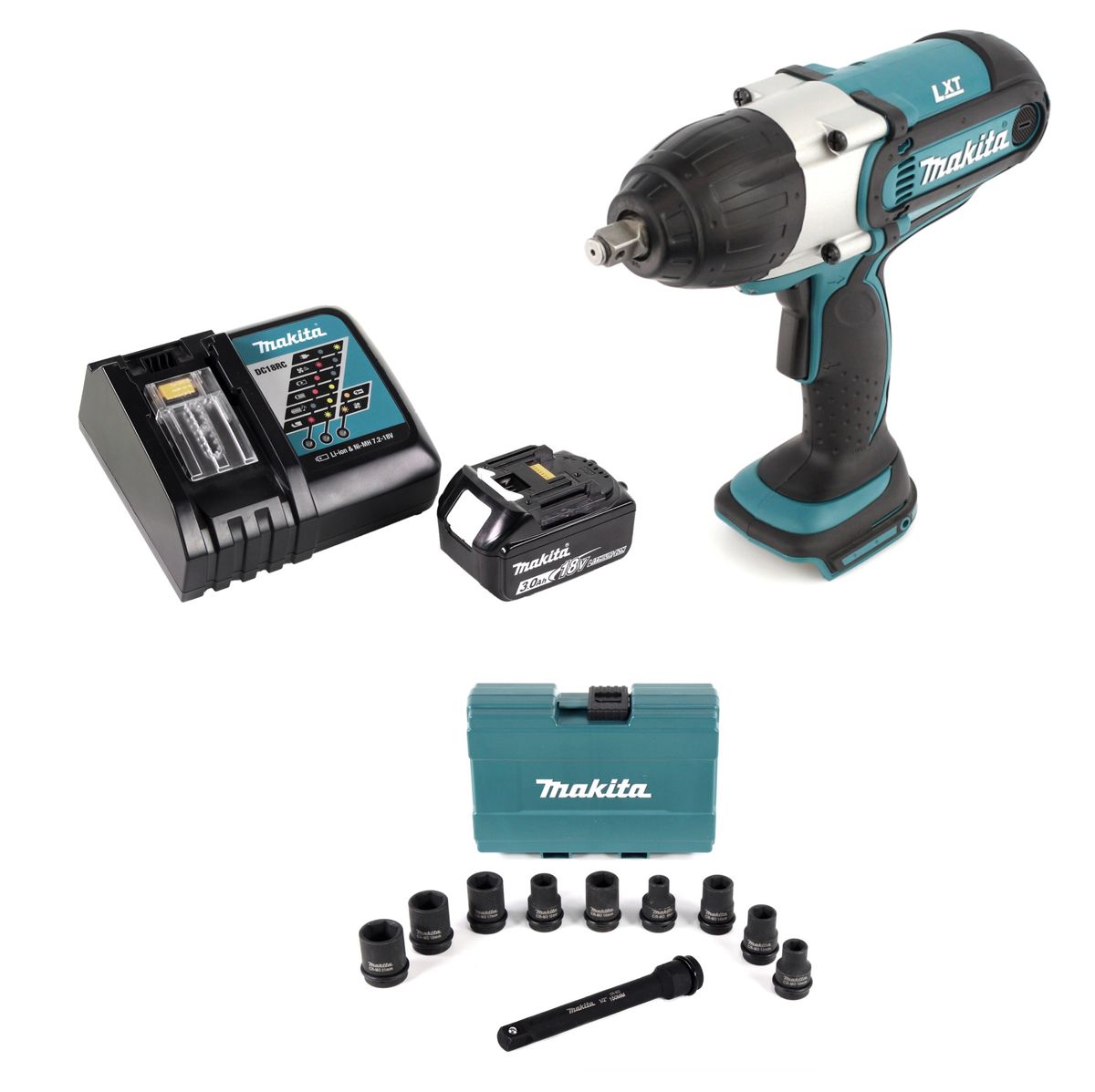 Makita DTW 450 RF1 18V Akku Schlagschrauber 440Nm 1/2" 18V + 1x Akku 3,0Ah + Schnellladegerät + Steckschlüssel Nuss Set + Verlängerung 150mm  - ohne Koffer - Toolbrothers