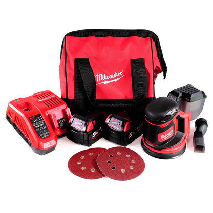 Milwaukee M18 BOS125-502B Akku Exzenterschleifer 18 V 125 mm + 2x Akku 5,0 Ah + Ladegerät + Tasche - Toolbrothers