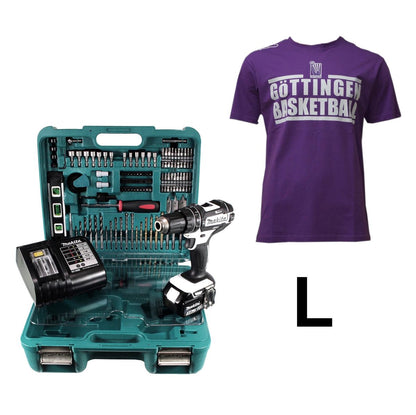 Makita DHP 482 SFTK W Veilchen FAN Paket Akku Schlagbohrschrauber 18 V 62Nm + 1x Akku 3,0Ah + Ladegerät + 101tlg. Werkzeugset + BG74 Veilchen T-Shirt Größe L - Toolbrothers