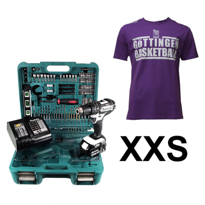 Makita DHP 482 SFTK W Veilchen FAN Paket Akku Schlagbohrschrauber 18 V 62Nm + 1x Akku 3,0Ah + Ladegerät + 101tlg. Werkzeugset + BG74 Veilchen T-Shirt Größe XXS - Toolbrothers