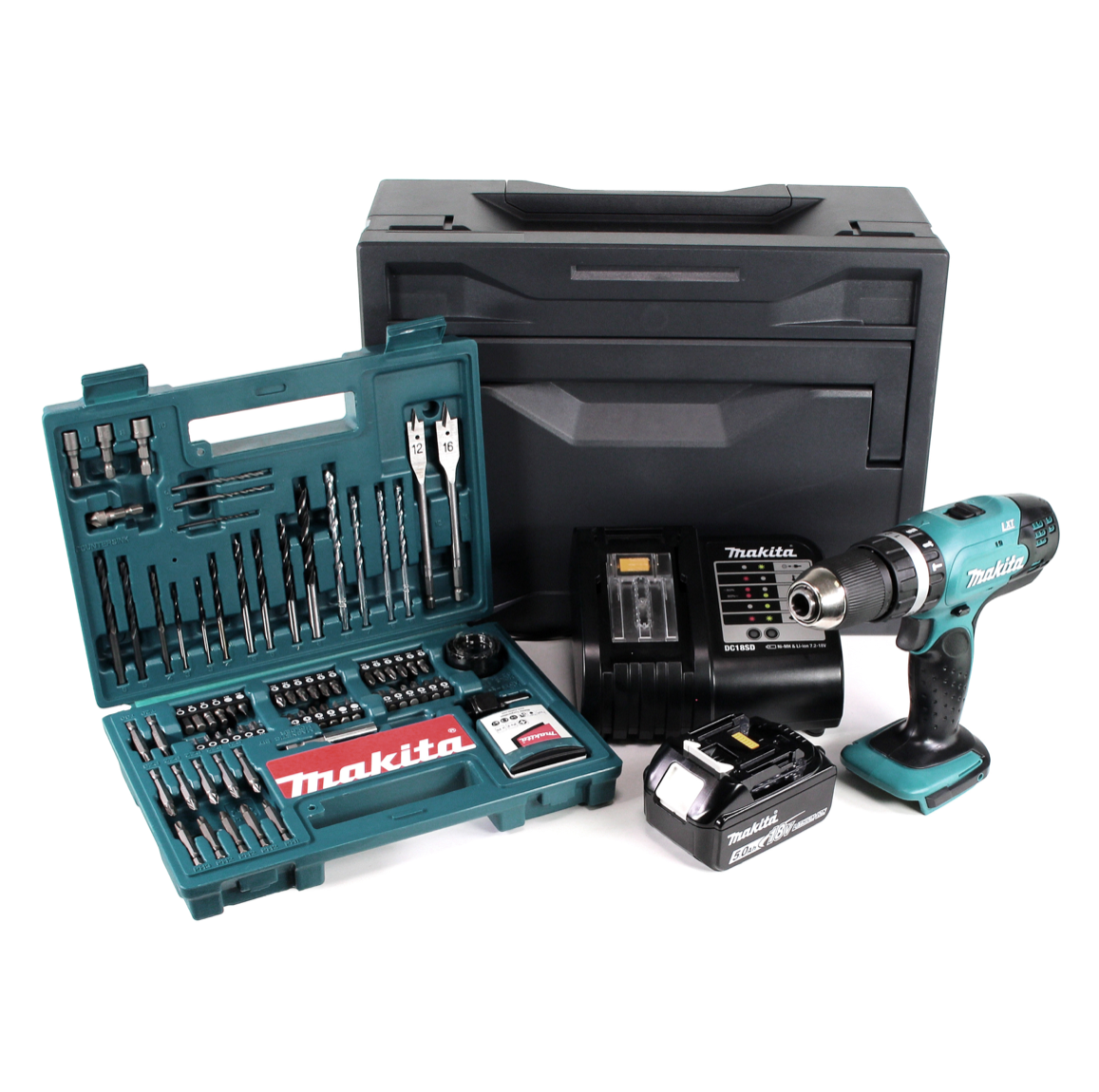 Makita DHP 453 STX Akku Schlagbohrschrauber 18 V 42Nm + 1x Akku 5,0Ah + Ladegerät + 100tlg. Bit Bohrer Set + Makbox - Toolbrothers