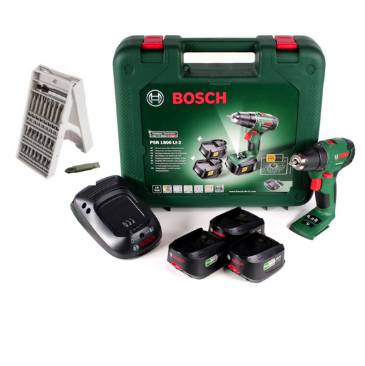 Bosch Heimwerker PSR 1800 Li-2 3X 18 V Akku Bohrschrauber + 26tlg. Bit Bohrer Set + 3 x Akku 1,5Ah + Ladegerät + Koffer - Toolbrothers