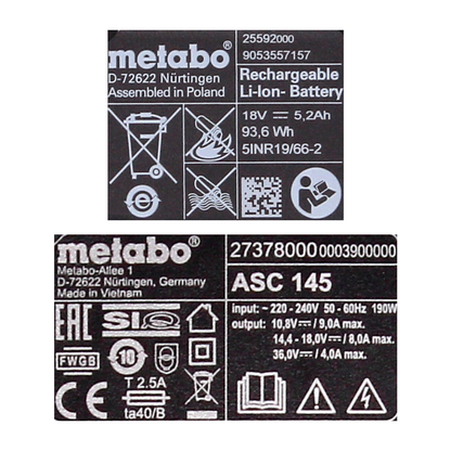 Metabo Basis Set 3x Li-Power Akkupack 18 V 5,2 Ah CAS Li-Ion Akku ( 3x 625028000 ) + ASC 145 Schnell Ladegerät ( ‭627378000‬ ) + MetaLoc - Toolbrothers