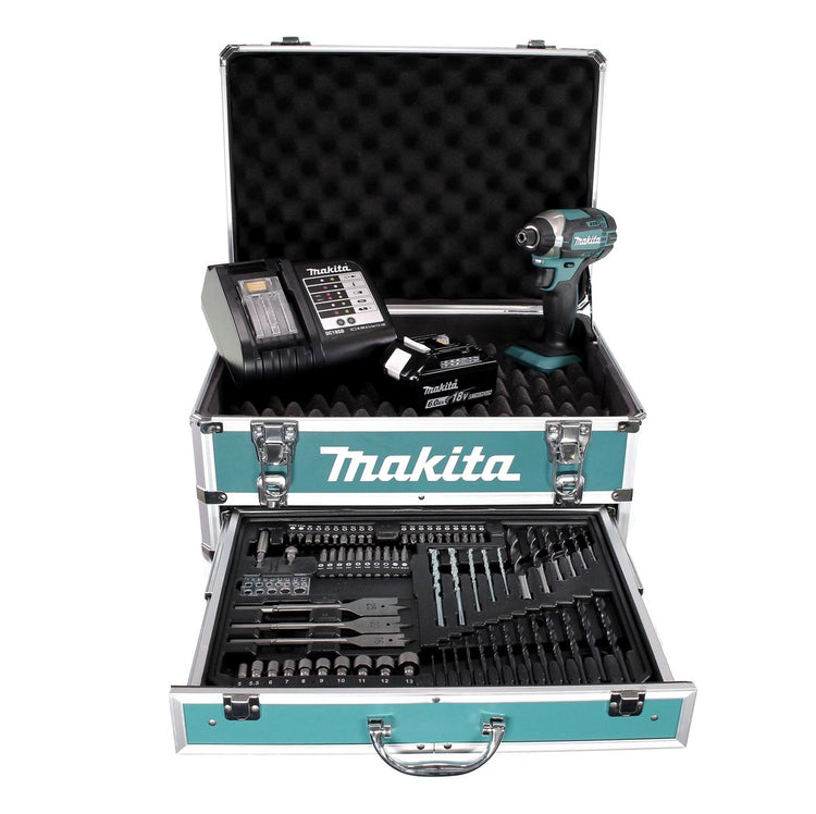 Makita DTD 152 SGX4 Akku Schlagschrauber 18V 165Nm 1/4" + 1x Akku 6,0Ah + Ladegerät + 70tlg. Bit Bohrer Set + Koffer