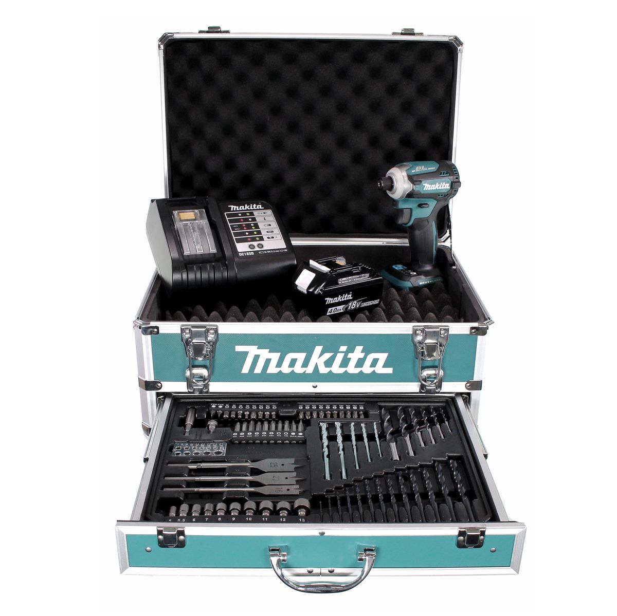 Makita DTD 171 SMX4 clé à chocs sans fil 18 V 180 Nm 1/4" sans balais + 1 batterie 4,0 Ah + chargeur + jeu de 70 forets + mallette