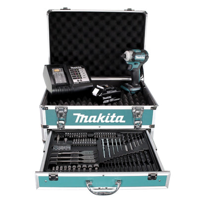 Clé à chocs sans fil Makita DTD 170 SMX4 18V 175Nm sans balais + 1x batterie 4,0Ah + chargeur + 70 pièces. Coffret forets + coffret