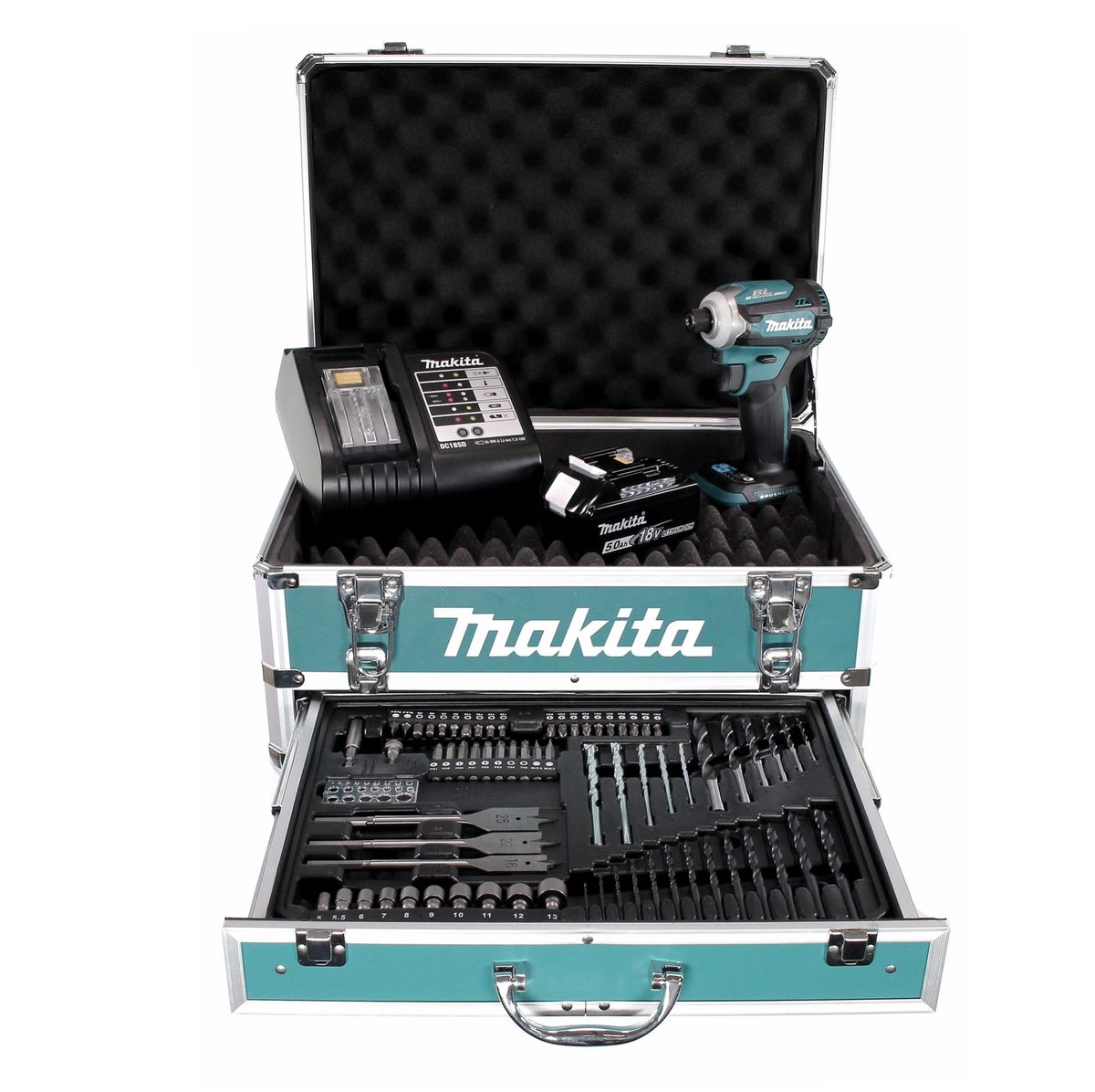 Makita DTD 171 STX4 clé à chocs sans fil 18 V 180 Nm 1/4" sans balais + 1 batterie 5,0 Ah + chargeur + jeu de 70 forets + mallette