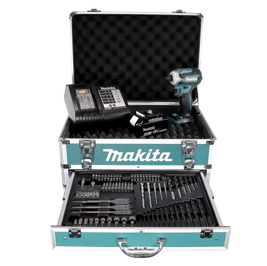 Makita DTD 171 SGX4 Akku Schlagschrauber 18 V 180 Nm 1/4" Brushless + 1x Akku 6,0 Ah + Ladegerät + 70 tlg. Bit Bohrer Set + Koffer