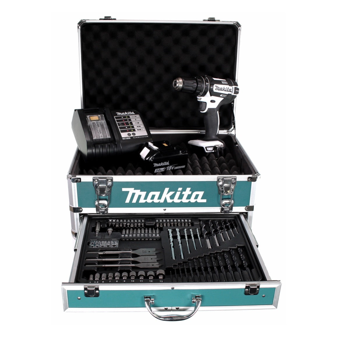 Perceuse à percussion sans fil Makita DHP 482 W SFX4 18 V 62 Nm + 1x batterie 3,0 Ah + chargeur + 70 pièces. Coffret forets + coffret