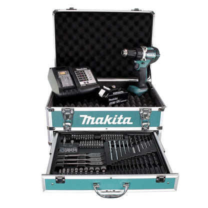 Clé à chocs sans fil Makita DDF 484 STX4 18 V 54 Nm sans balais + 1x batterie 5,0 Ah + chargeur + 70 pièces. Coffret forets + coffret