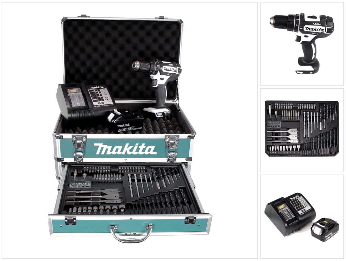 Perceuse à percussion sans fil Makita DHP 482 W SMX4 18 V 62 Nm + 1x batterie 4,0 Ah + chargeur + 70 pièces. Coffret forets + coffret