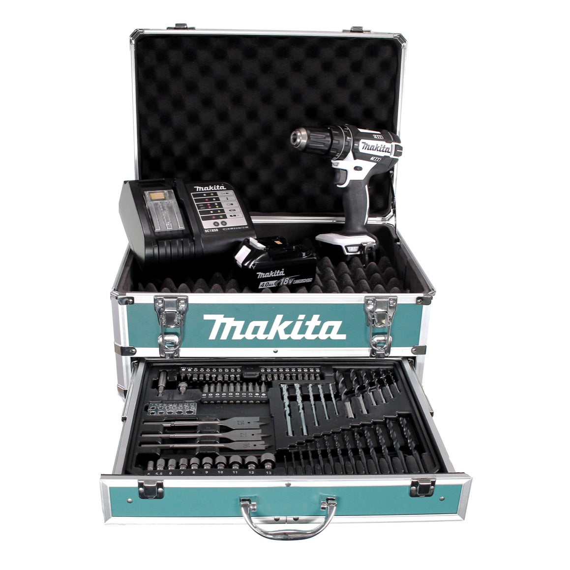 Perceuse à percussion sans fil Makita DHP 482 W SMX4 18 V 62 Nm + 1x batterie 4,0 Ah + chargeur + 70 pièces. Coffret forets + coffret