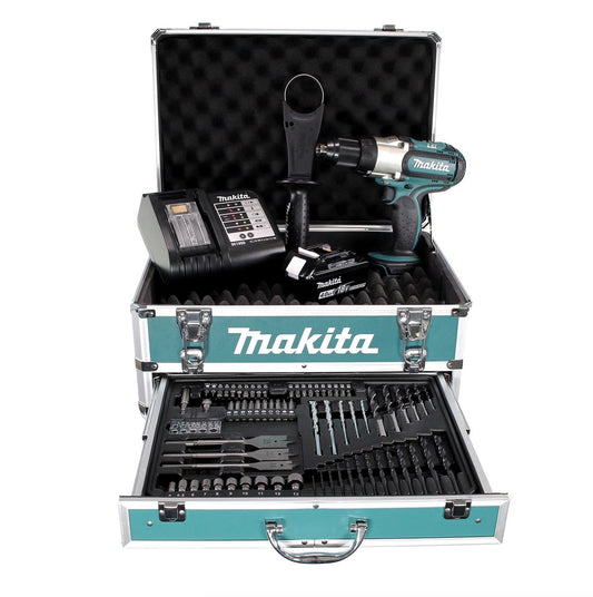 Perceuse-visseuse sans fil Makita DDF 451 SMX4 18 V 80 Nm + 1x batterie 4,0 Ah + chargeur + 70 pièces. Coffret forets + coffret