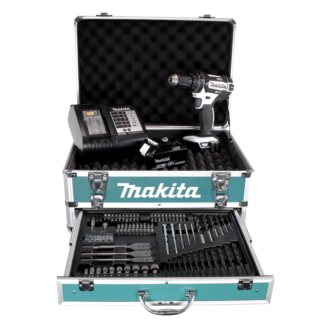 Perceuse à percussion sans fil Makita DHP 482 W SGX4 18 V 62 Nm + 1x batterie 6,0 Ah + chargeur + 70 pièces. Coffret forets + coffret