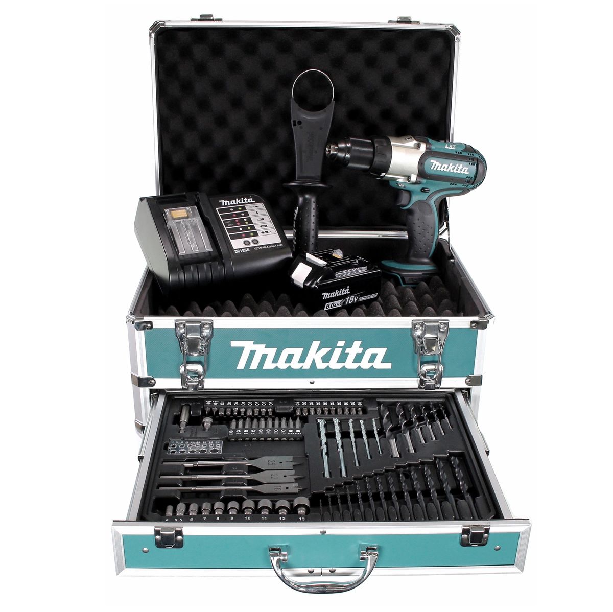 Perceuse-visseuse sans fil Makita DDF 451 SGX4 18 V 80 Nm + 1x batterie 6,0 Ah + chargeur + 70 pièces. Coffret forets + coffret