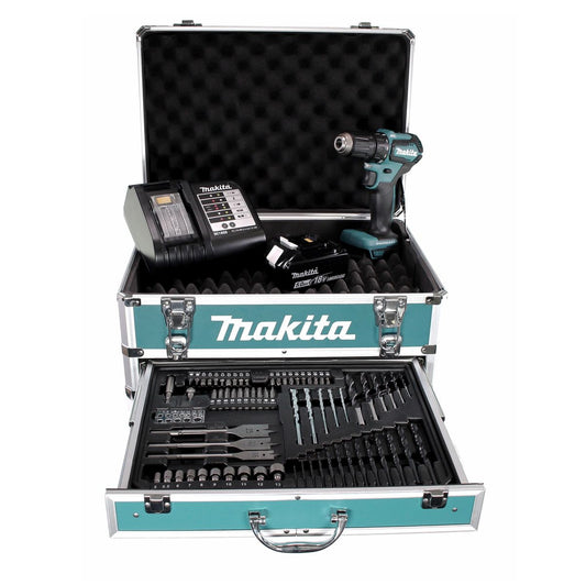 Makita DDF 483 STX4 perceuse-visseuse sans fil 18 V 40 Nm sans balais + 1x batterie 5,0 Ah + chargeur + 70 pièces. Coffret forets + coffret